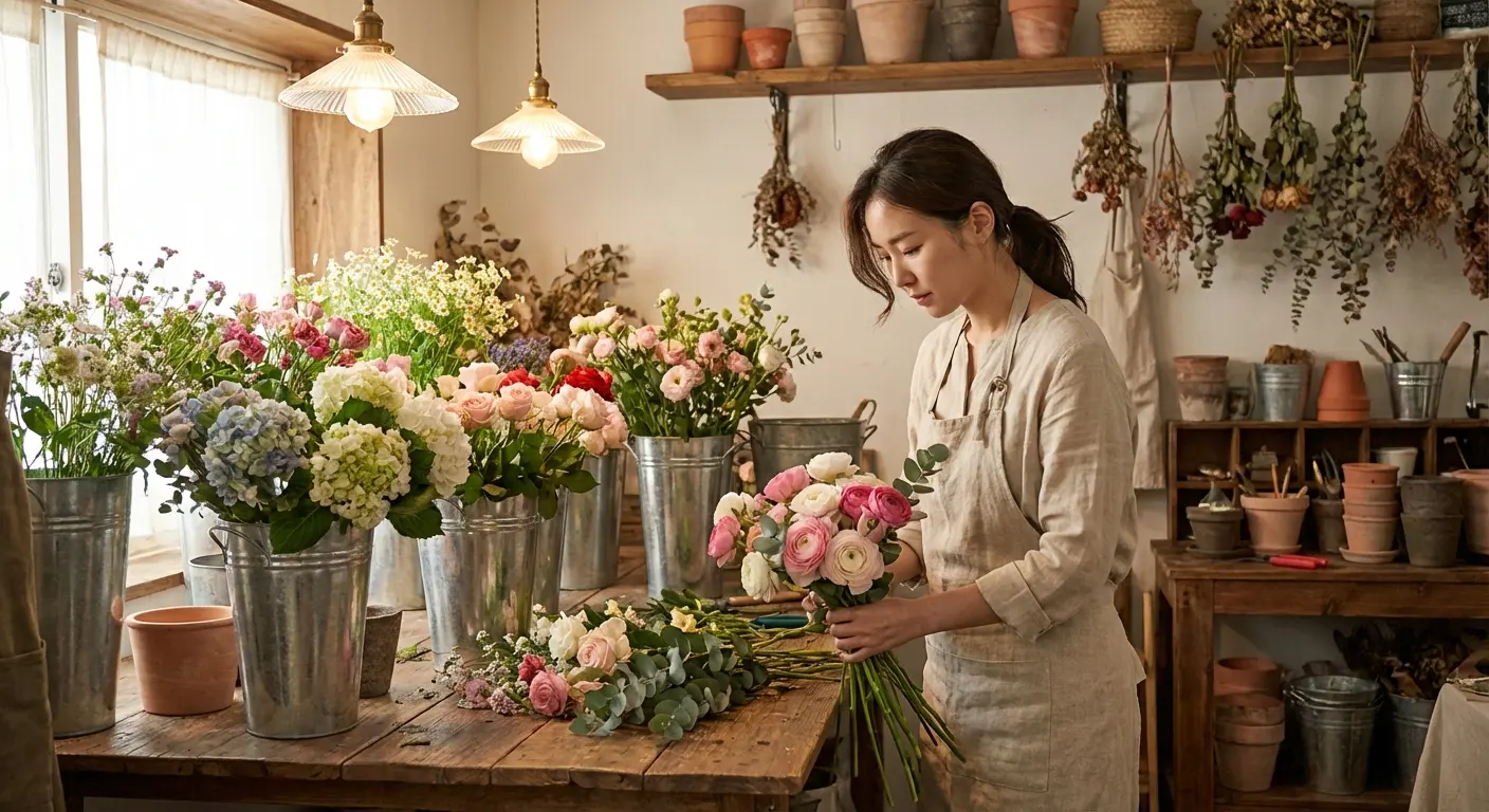 플로리스트가 꽃을 정리하는 모습